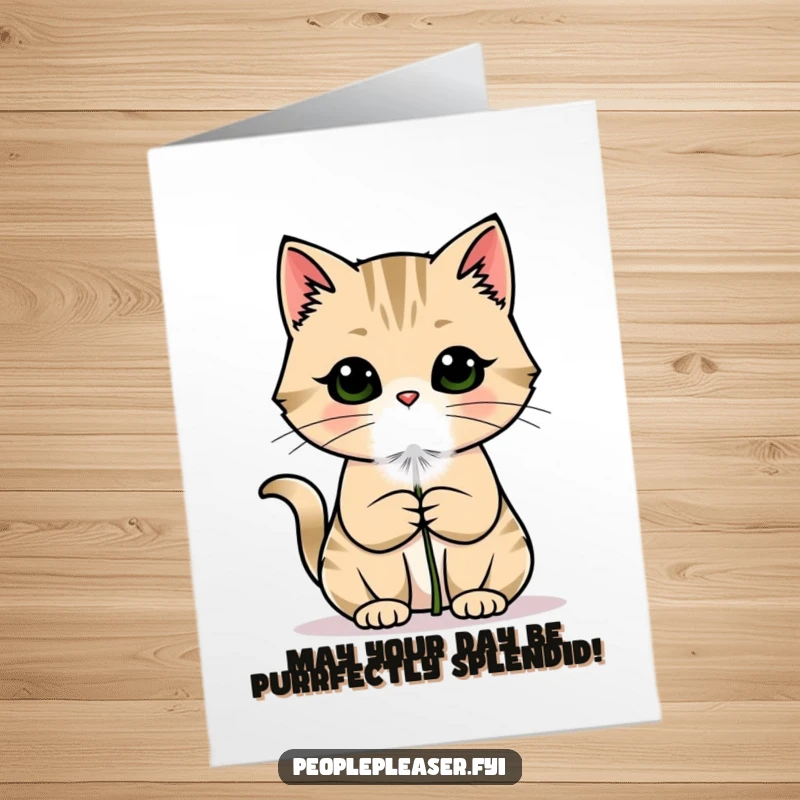 Funny Free Printable Birthday Card: A cute cat tenderly offers a dandelion puff, wishing you a happy, hilarious birthday.