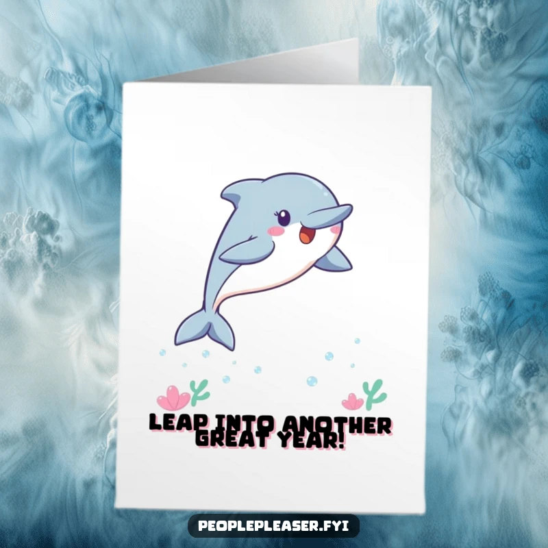 Funny Free Printable Birthday Card: Joyful Kawaii Dolphin leaping high, inviting friends to a playful ocean party celebration.