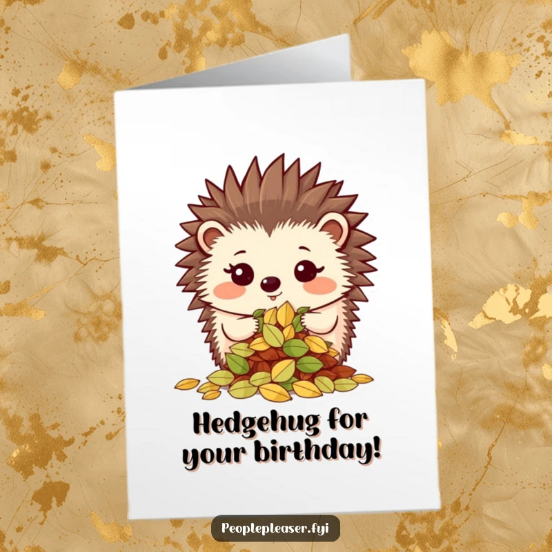 Funny Free Printable Birthday Card: Proud hedgehog showing off organized leaves, a unique downloadable gift for birthday wishes.