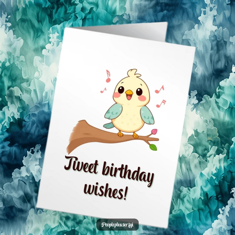 Funny Free Printable Birthday Card: Kawaii bird perched on a branch, singing a joyful, humorous tune with eyes closed.