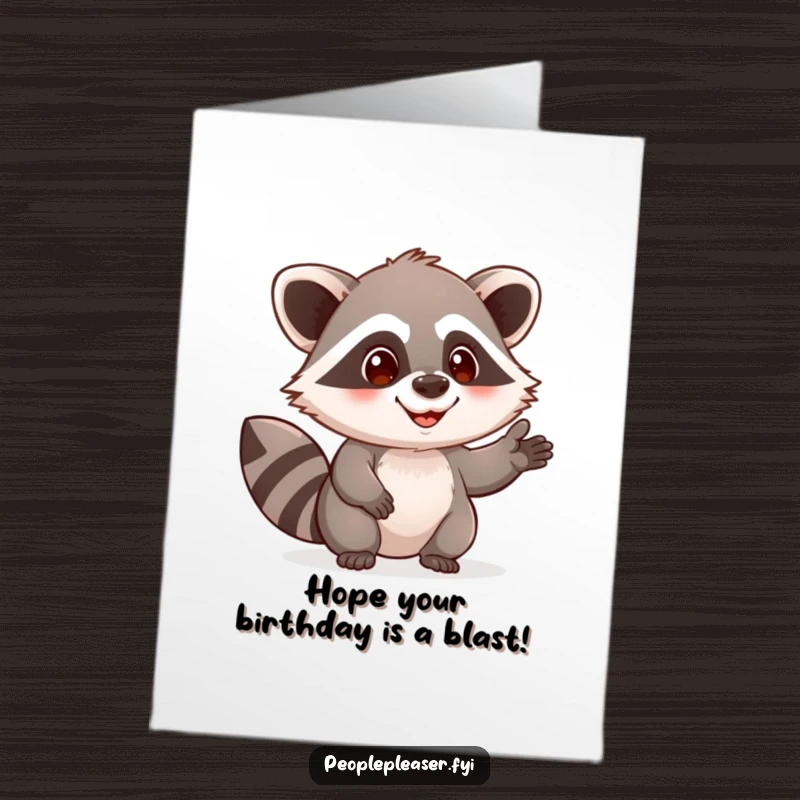 Funny Free Printable Birthday Card showing a pleased raccoon character extending a helpful hand, offering assistance and good wishes.