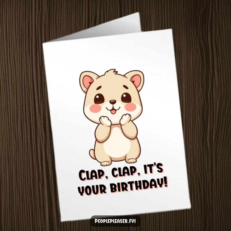 Funny Free Printable Birthday Card: An animal character joyfully and enthusiastically claps its paws together in approval and celebration.