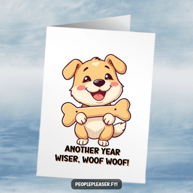 Funny Free Printable Birthday Card: A happy dog with a bone smiles, ready to celebrate your special day.