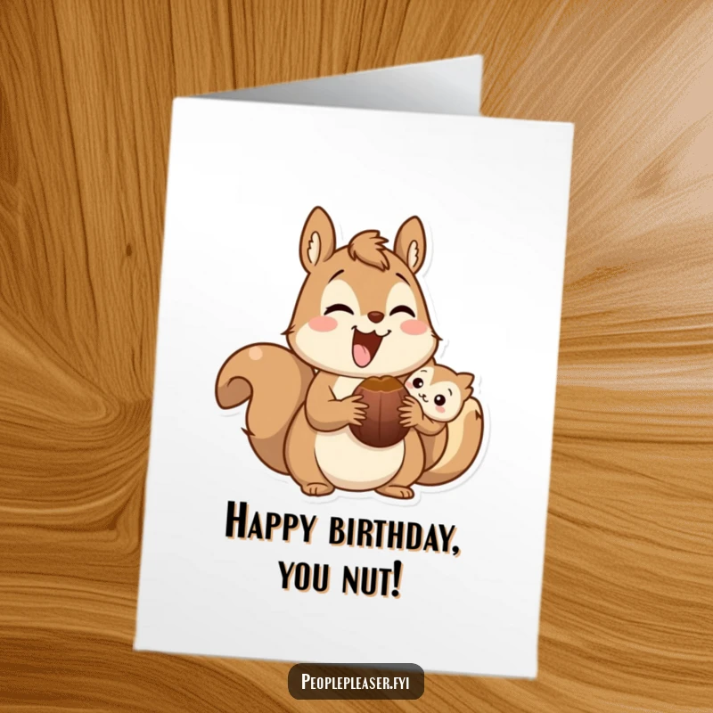 Funny Free Printable Birthday Card showing a delighted squirrel character sharing a nut with a happy friend, symbolizing shared joy.