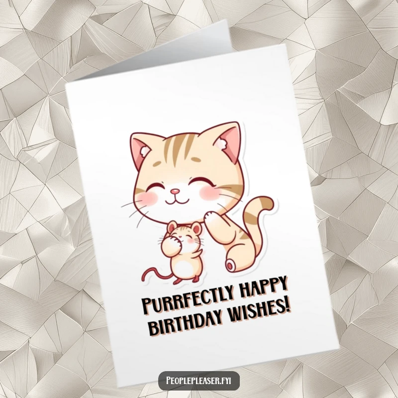 Funny Free Printable Birthday Card showing a smiling cat character kindly patting a mouse on the head.