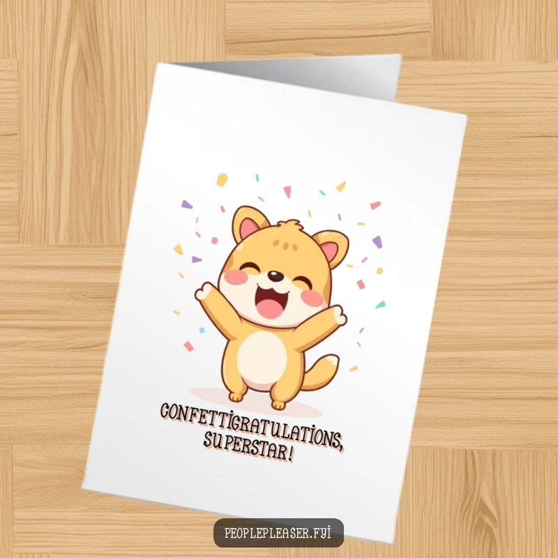 Funny Free Printable Congratulations Card: A joyful animal character showers a friend with friendly confetti, celebrating their success.