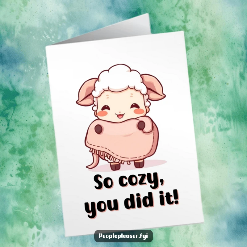 Funny Free Printable Congrats Card: A happy sheep with a wide giggle offers a soft, inviting blanket.