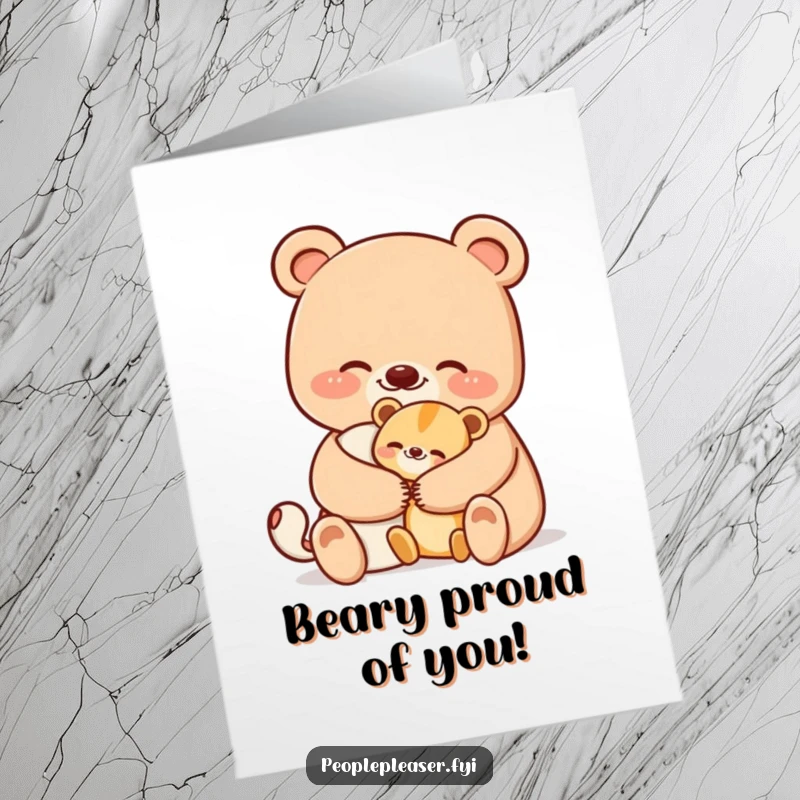Funny Free Printable Congrats Card: A smiling bear offers a comforting hug to a smaller creature, celebrating success.