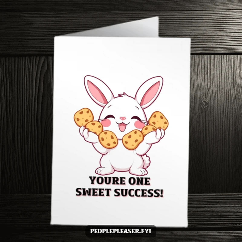 Funny Free Printable Congratulations Card: A happy bunny holding out cookies, a sweet way to say congrats.
