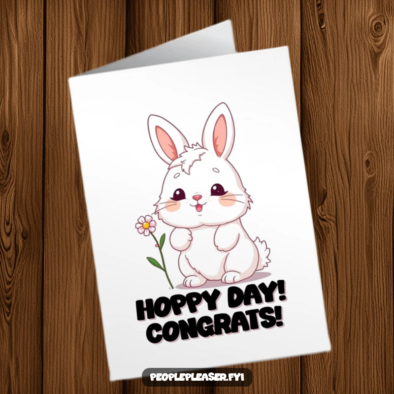 Funny Free Printable Congratulations Card: A fluffy bunny offering a tiny flower, celebrating your fantastic achievement.