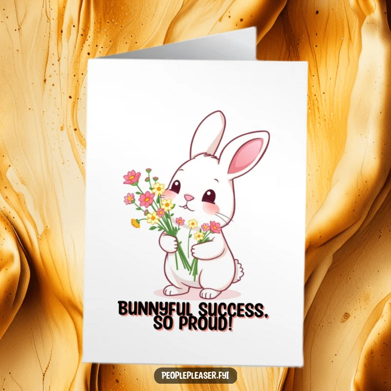 Funny Free Printable Congrats Card: A diligent rabbit offers a beautiful, perfectly arranged bouquet of tiny flowers to congratulate someone on their success.