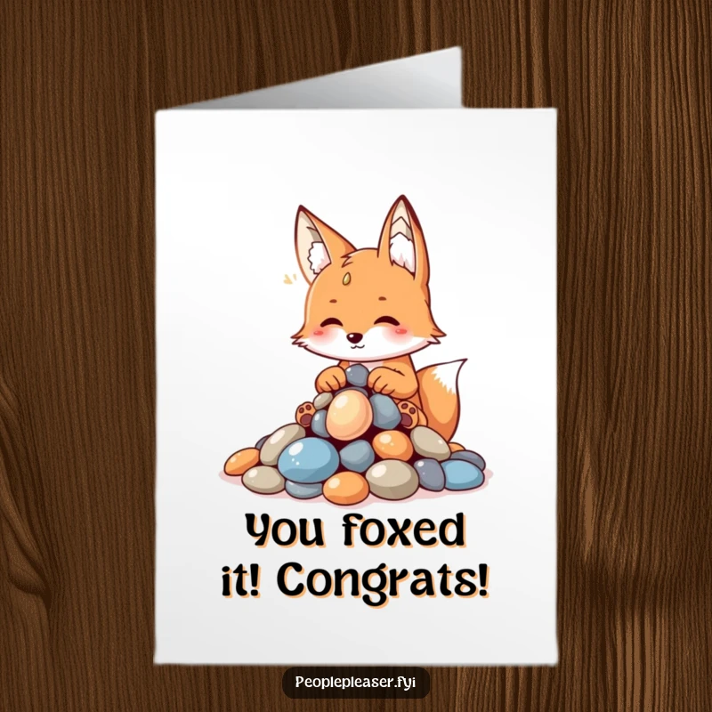Funny Free Printable Congratulations Card: A playful fox arranging a pile of sparkling pebbles to celebrate your success.