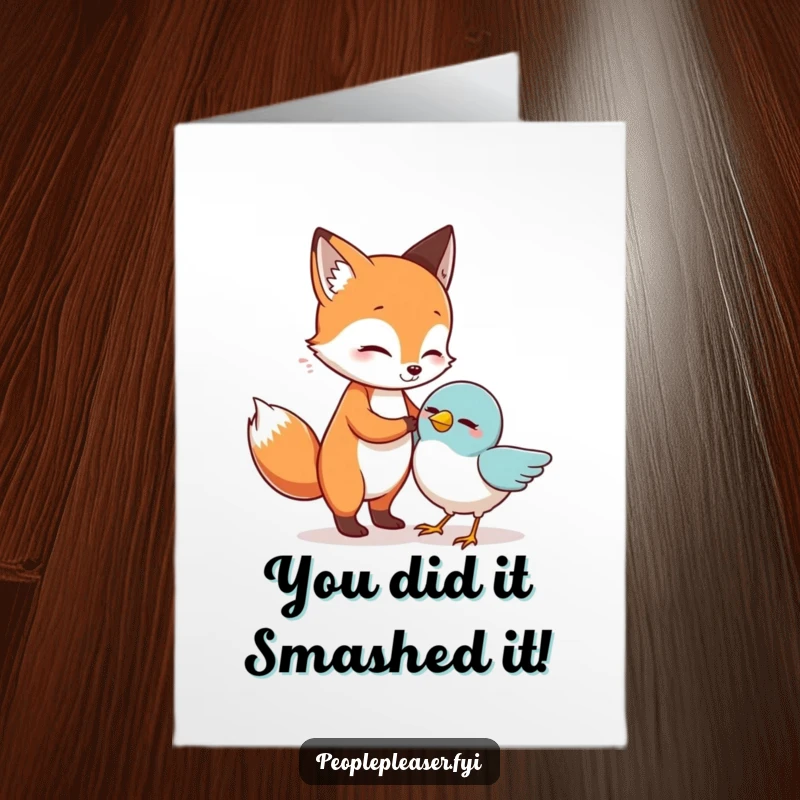 Funny Free Printable Congratulations Card: A charming fox character lifts a fallen bird, symbolizing support and success.