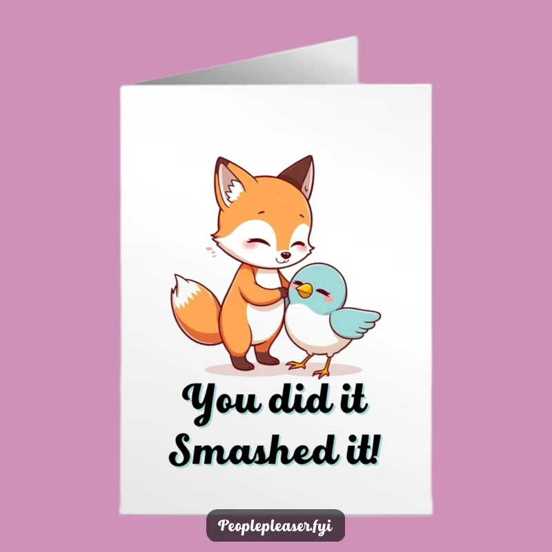 Free Printable Congrats Card: Funny Fox Helps Bird - Downloadable Success Celebration