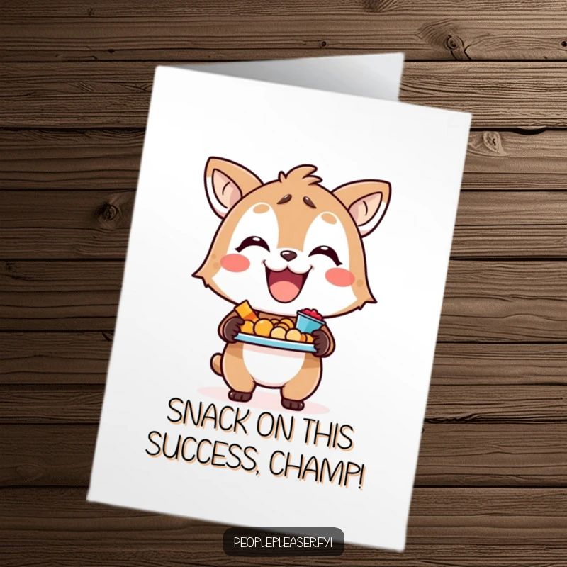 Free Printable Congratulations Card showing a smiling animal character holding a tray full of snacks, a fun downloadable gift.