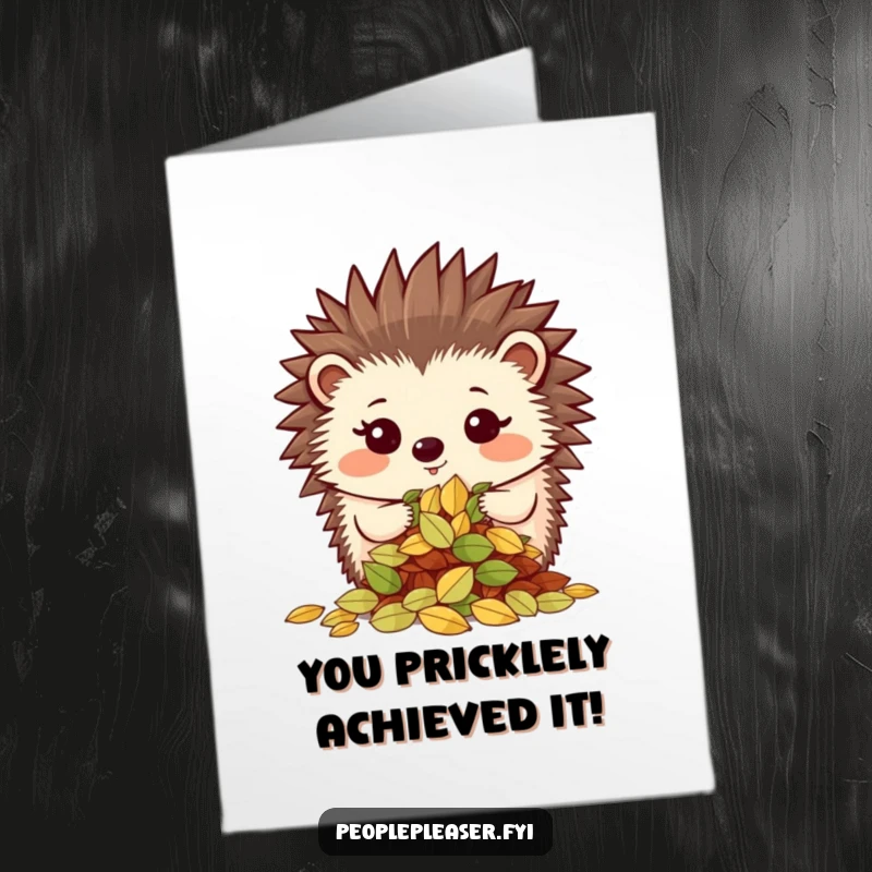 Funny Free Printable Congratulations Card: Proud hedgehog displaying a neat pile of leaves, celebrating success, a funny downloadable gift.