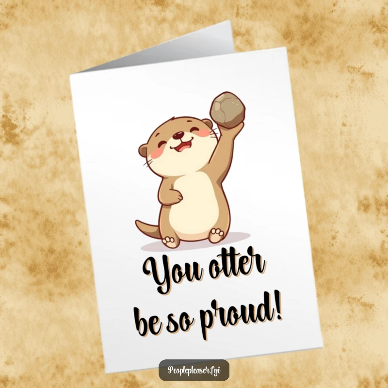 Funny Free Printable Congratulations Card: Delighted otter tossing a stone, celebrating a win, perfect downloadable gift for saying congrats.