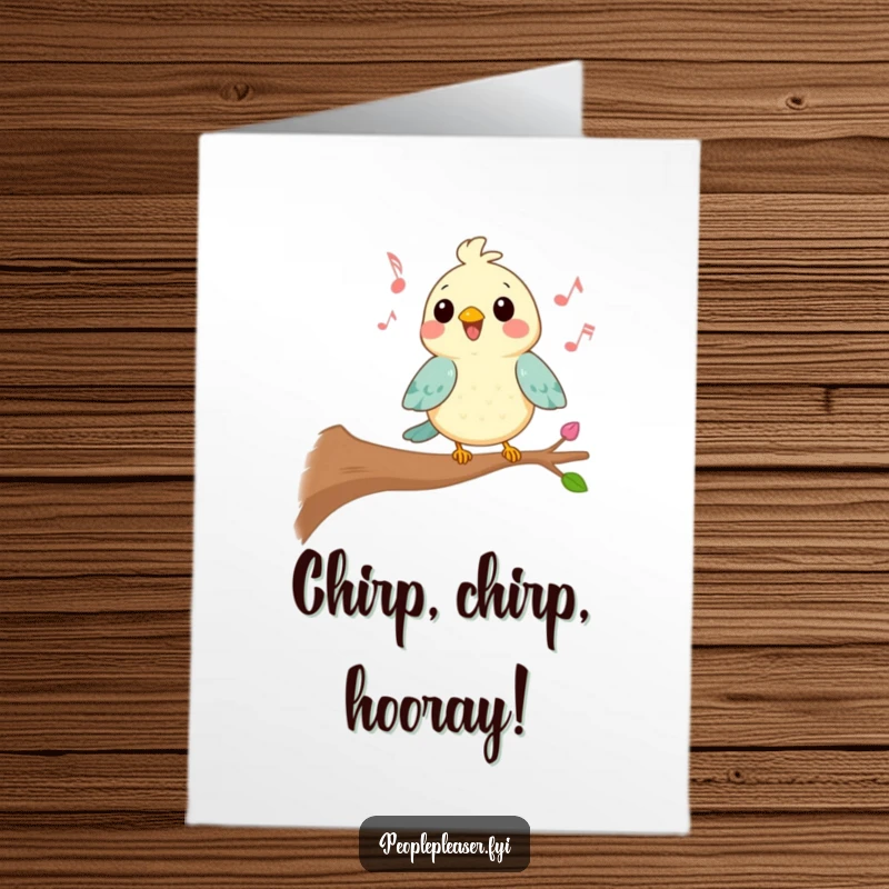 Funny Free Printable Congrats Card: Kawaii bird singing happily on a branch, celebrating a joyous occasion with a musical theme.