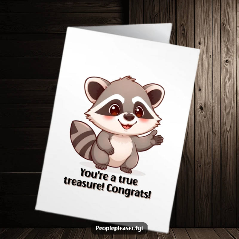 Funny Free Printable Congratulations Card featuring a pleased raccoon character offering a helpful hand, celebrating achievements with humor.