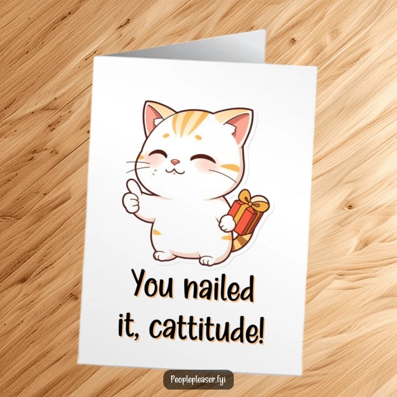 Funny Free Printable Congratulations Card: A happy nodding cat gives a thumbs up holding a gift, celebrating a great achievement.