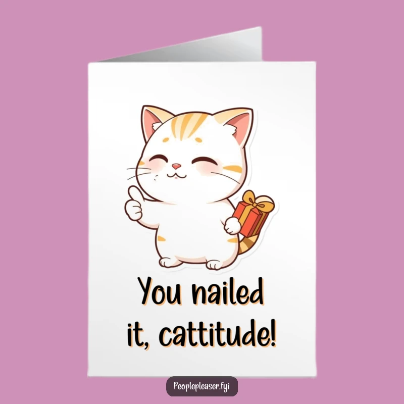Free Printable Congrats Card: Cat Gives Thumbs Up with Gift, Downloadable Celebration Art