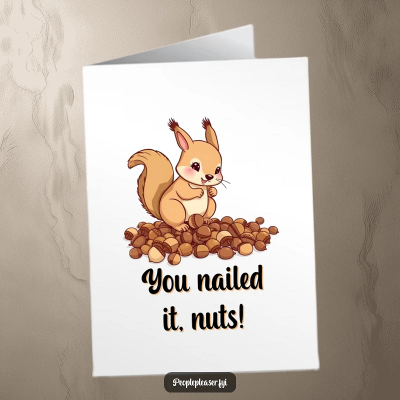 Funny Free Printable Congrats Card: A helpful squirrel meticulously organizes scattered acorns, symbolizing the successful gathering of achievements for congratulations.