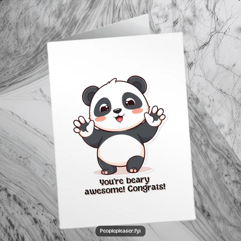 Funny Free Printable Congratulations Card with a happy panda character waving and beaming, conveying cheerful congratulations with a friendly smile.