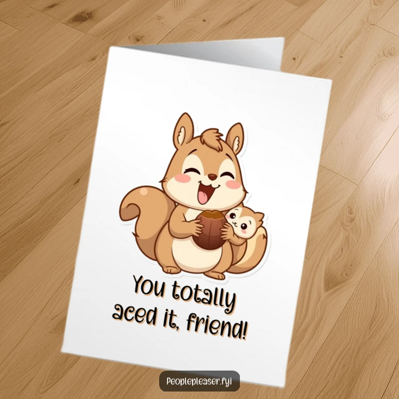Funny Free Printable Congratulations Card featuring a delighted squirrel sharing a nut with a friend, celebrating shared success and happiness.