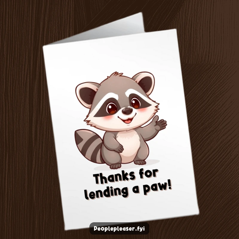 Funny Free Printable Thank You Card with a pleased raccoon character offering a helpful hand, perfect for expressing gratitude with a smile.
