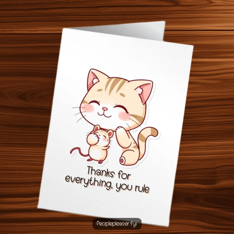 Funny Free Printable Thank You Card showing a smiling cat character gently patting a mouse on its head.