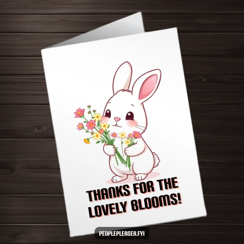 Funny Free Printable Thank You Card: A diligent rabbit presents a meticulously arranged bouquet of tiny flowers as a token of appreciation.