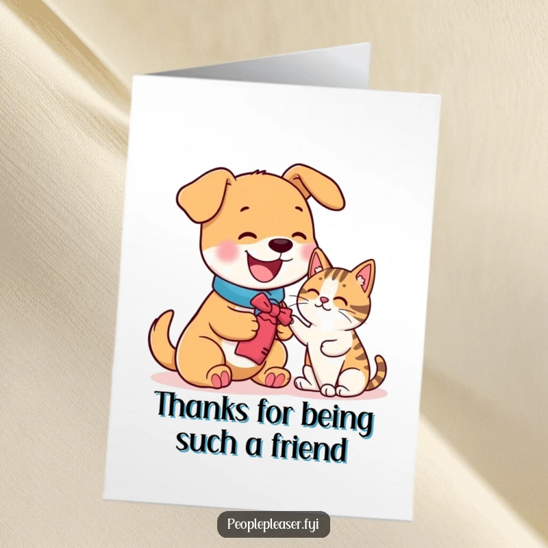 Funny Free Printable Thank You Card of a happy dog character offering a plaything to a cat.