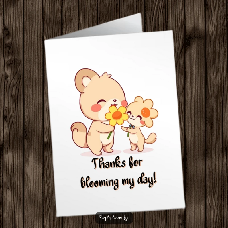 Funny Free Printable Thank You Card: Cute animal character beaming while handing a large flower, humorously expressing thanks with floral generosity.