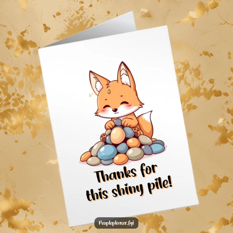 Funny Free Printable Thank You Card: A playful fox presenting a neat pile of shiny pebbles, offering thanks with a sly smile.