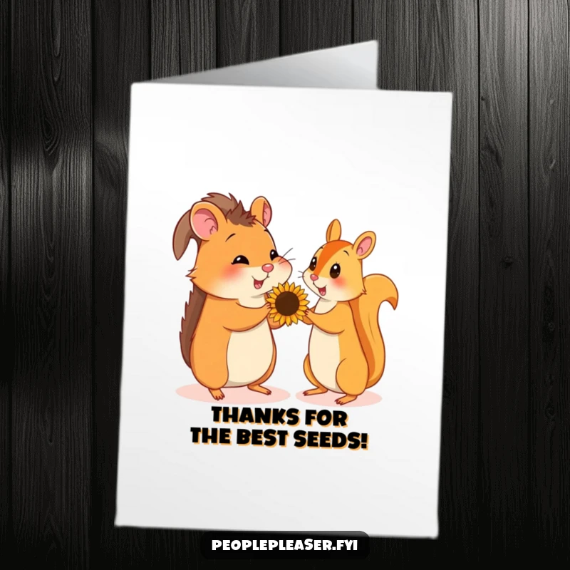 Funny Free Printable Thank You Card showcasing a hamster offering a sunflower seed to a squirrel, perfect for thoughtful gifting.