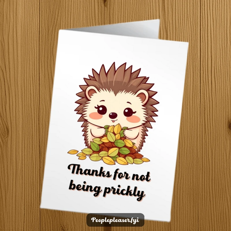 Funny Free Printable Thank You Card: Proud hedgehog showing off organized leaves, expressing thanks, a cute and funny downloadable gift.