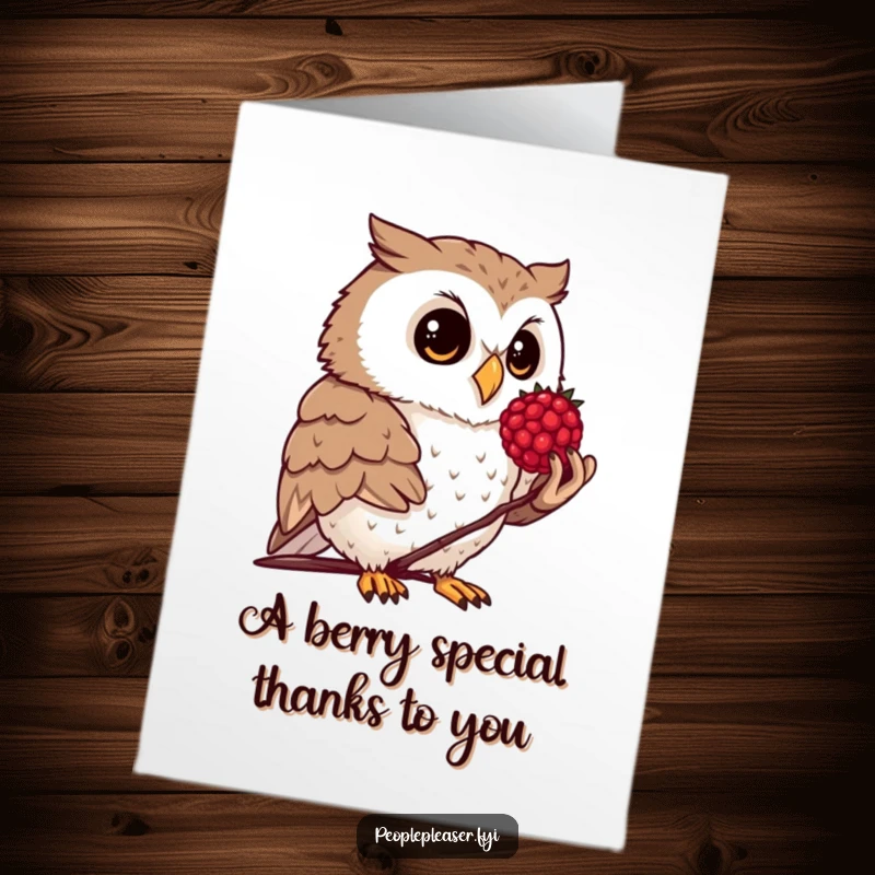 Funny Free Printable Thank You Card: A curious owl offering a single, shiny berry, a charming and funny thank you.