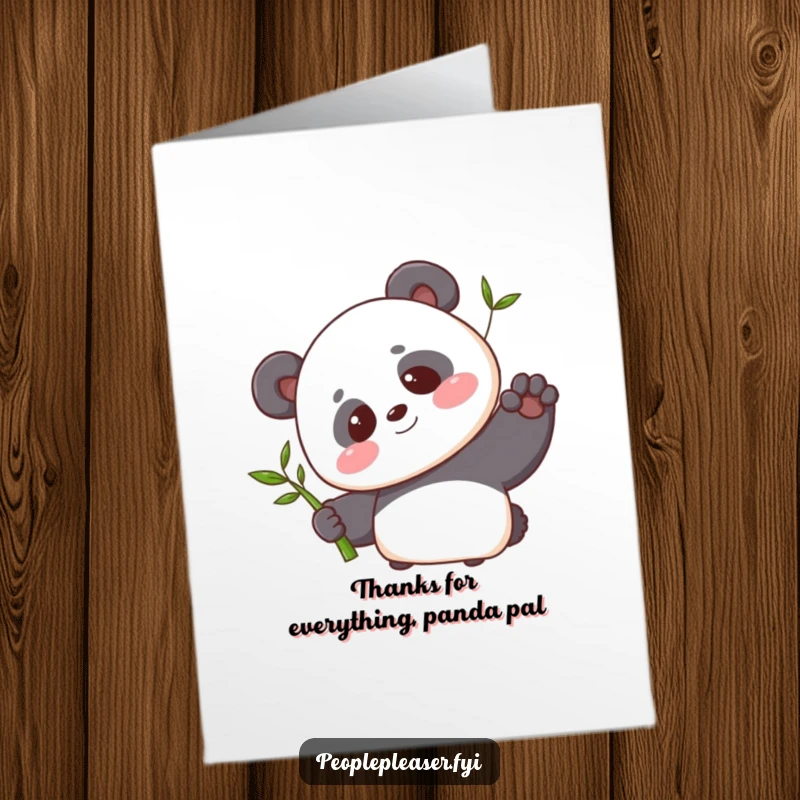 Funny Free Printable Thank You Card: Blushing panda offering bamboo with a sweet smile, a cute and funny downloadable gift.