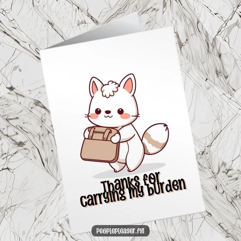 Funny Free Printable Thank You Card: A helpful animal character carries a large bag for a friend, highlighting their kindness.