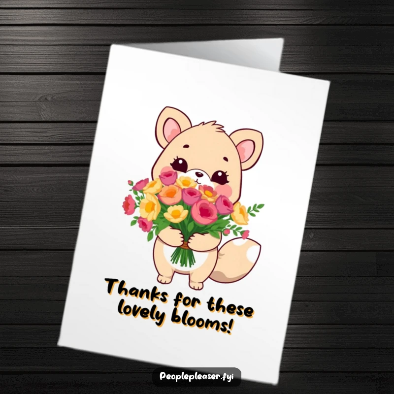Funny Free Printable Thank You Card: A sweet animal character offering an impressively large and vibrant floral bouquet.