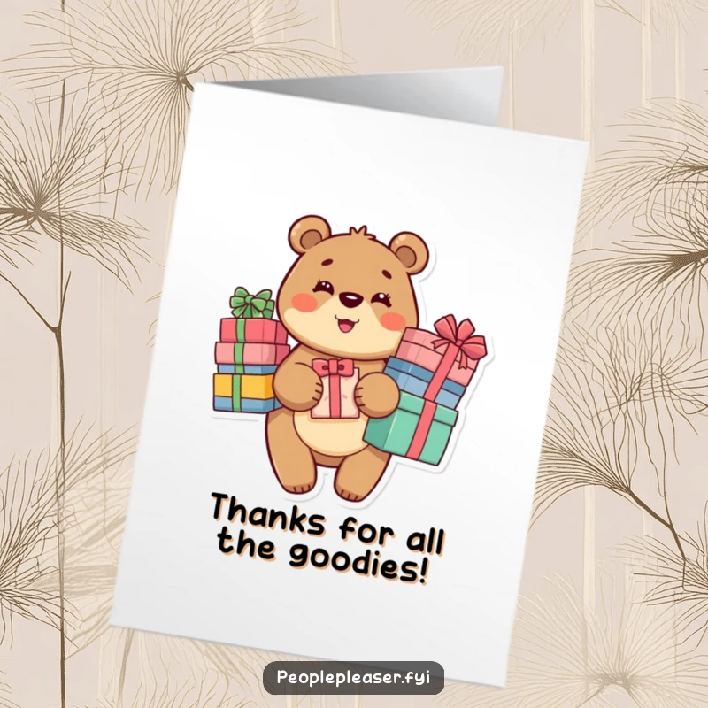 Funny Free Printable Thank You Card: A helpful bear holds many gifts, showing heartfelt appreciation.