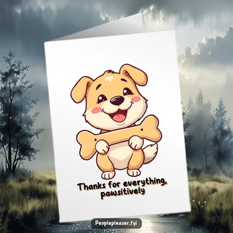 Funny Free Printable Thank You Card: A happy dog presents a bone with a big smile, a token of thanks.