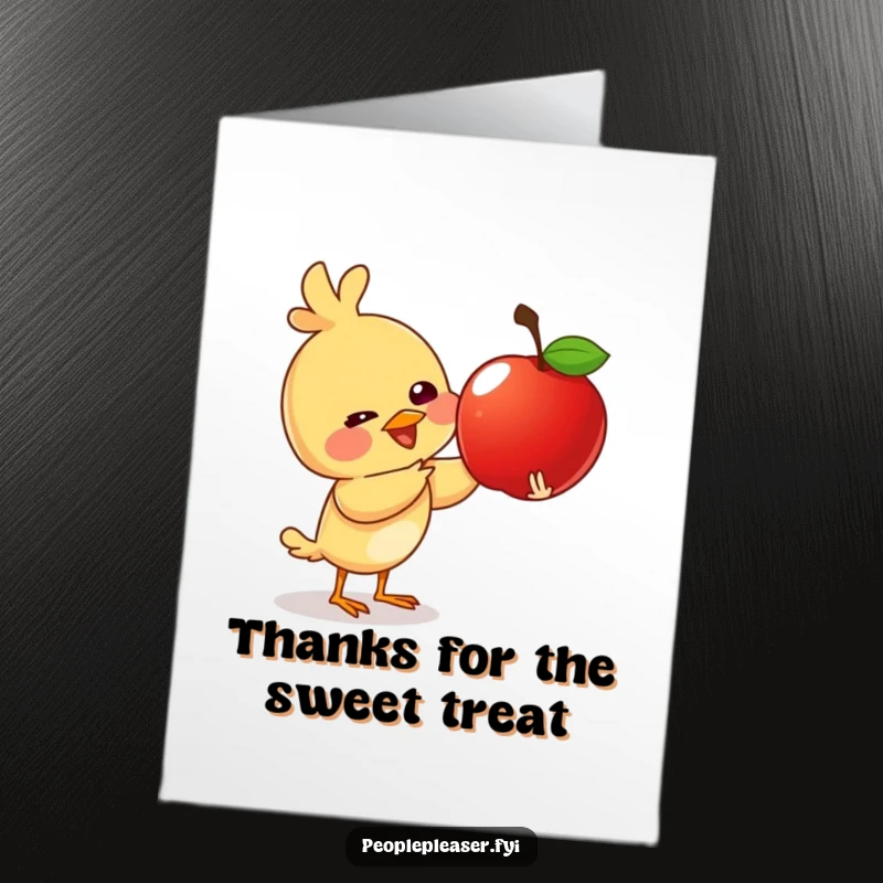 Funny Free Printable Thank You Card: A giggling bird offers a shiny apple as thanks.