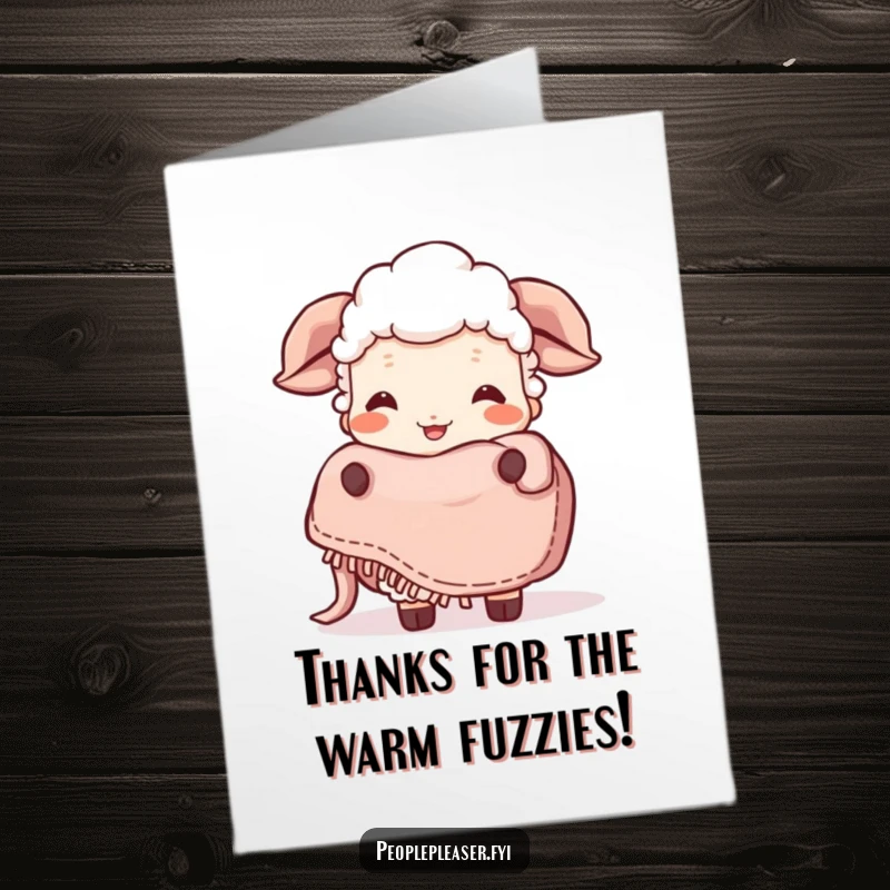 Funny Free Printable Thank You Card: A sheep with a joyous giggle holds out a soft, fluffy blanket.