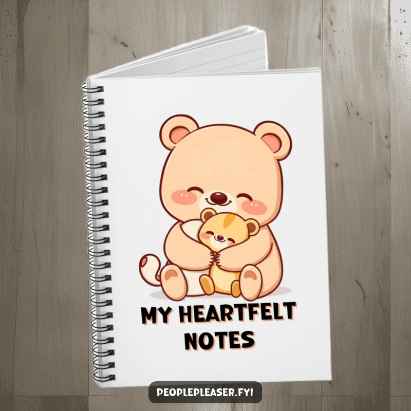 Funny bear hug notebook with a smiling bear character offering a comforting hug to a smaller animal, inspiring kind and humorous writing.
