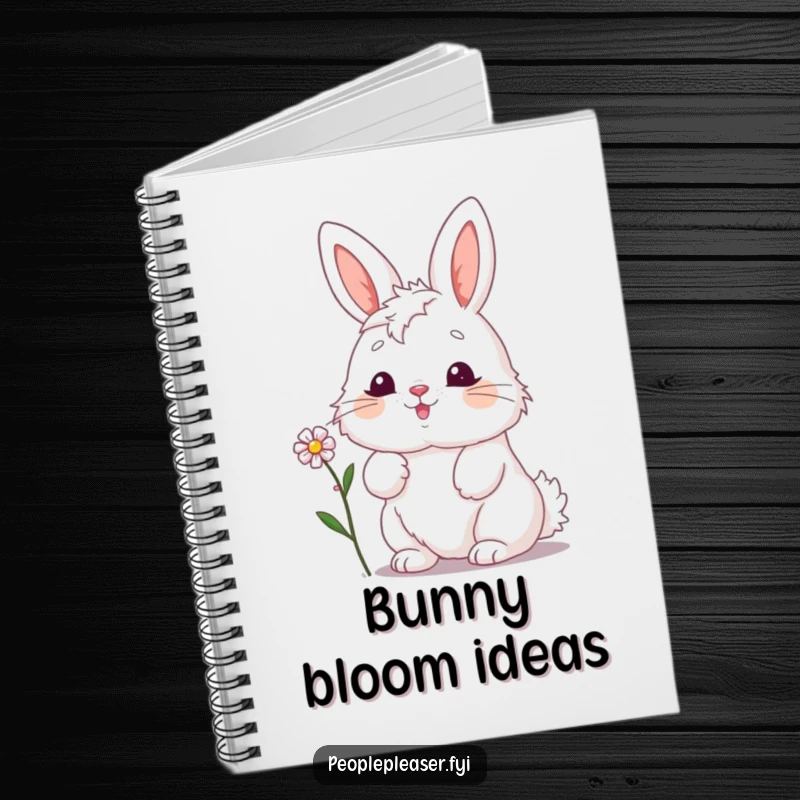 Funny bunny notebook, happily nodding while presenting a small flower, ideal for jotting down ideas with a dose of cheerfulness.
