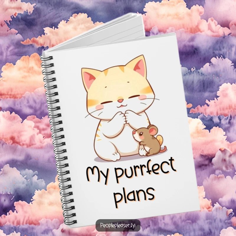 Funny notebook with a cover illustration of a content cat character purring while gently grooming a toy mouse, ideal for notes.