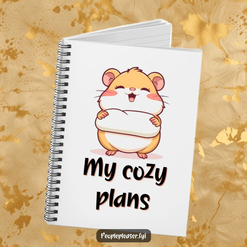 Funny notebook cover featuring a giggling hamster character presenting a rolled piece of bedding, ideal for jotting down cozy ideas.