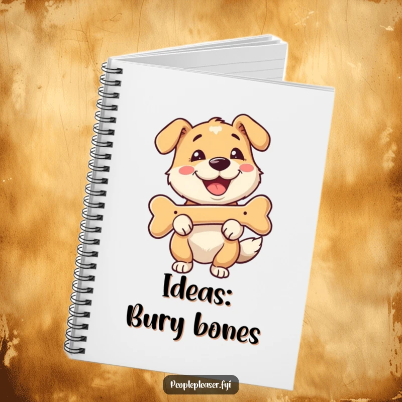 Funny notebook with a happy dog character fetching a bone with a smile, perfect for jotting down inspired thoughts and plans.