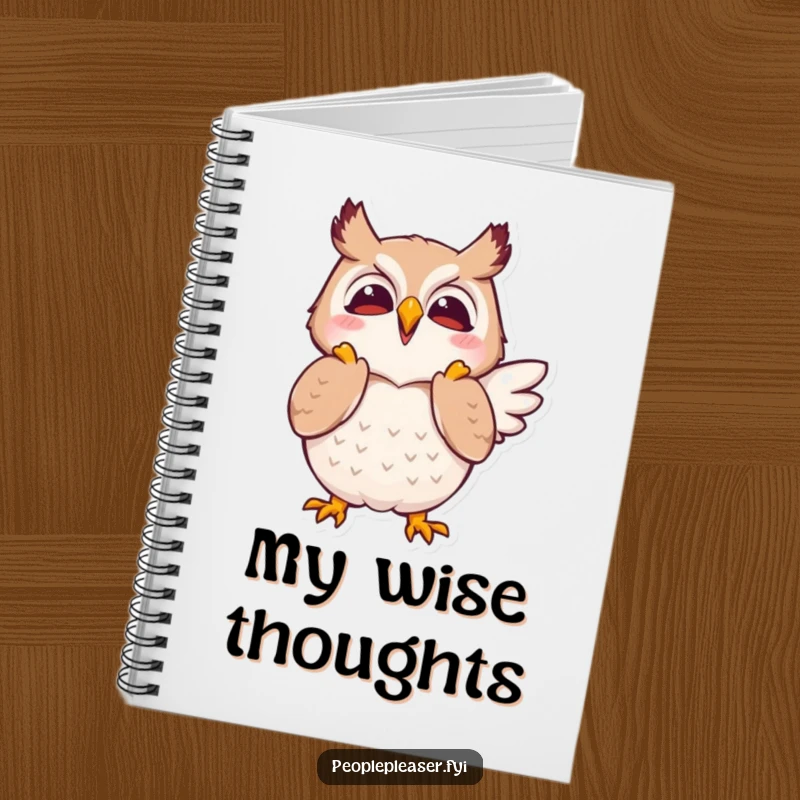 Funny notebook with a joyful owl character clapping its wings in approval, perfect for jotting down ideas.